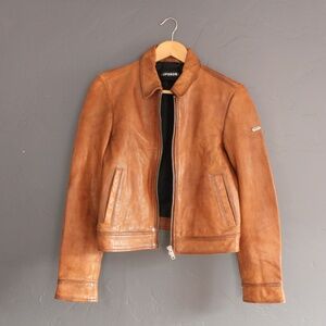 Superdry Harrington cropped brown leather jacket